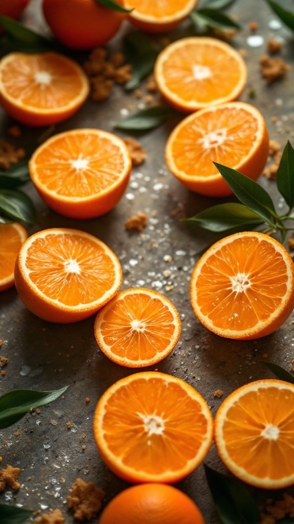 A vibrant display of sliced oranges and whole oranges