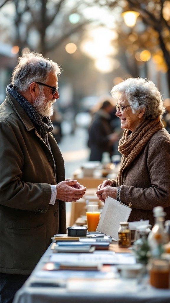 Two older adults engaging in conversation at an outdoor market, highlighting community interactions.