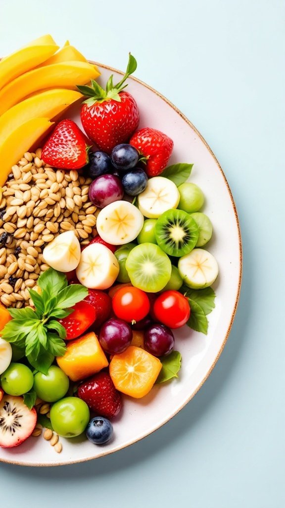 A colorful plate of assorted fresh fruits and grains