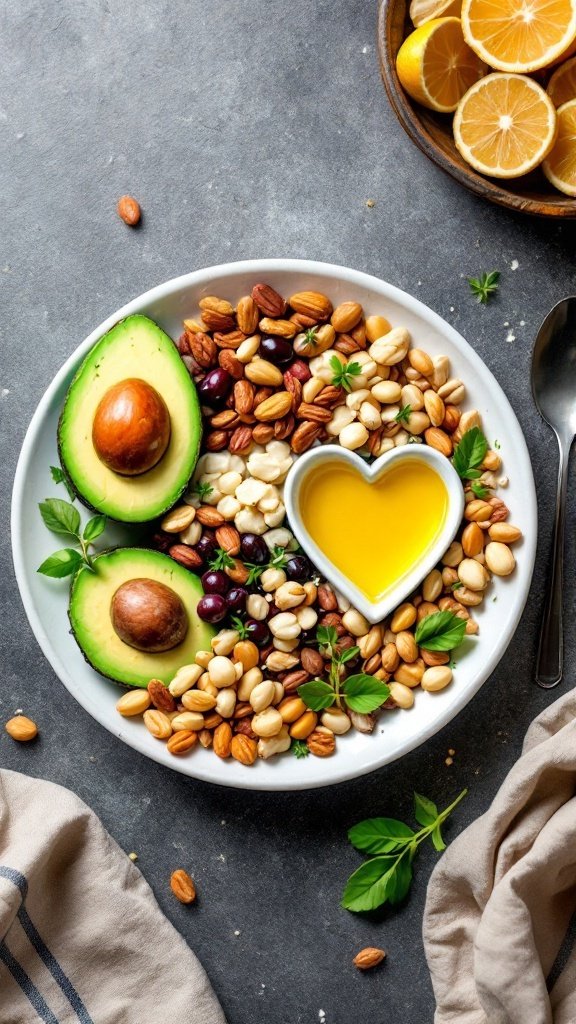 A plate filled with avocados, assorted nuts, and olive oil in a heart-shaped dish, representing healthy fats for heart health.