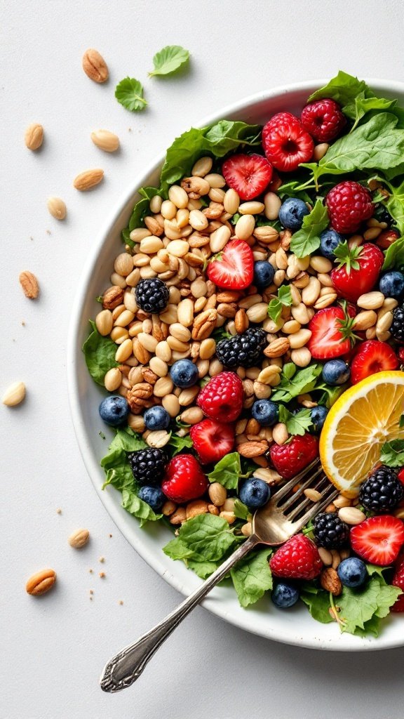 A colorful salad with greens, berries, nuts, and a slice of lemon.