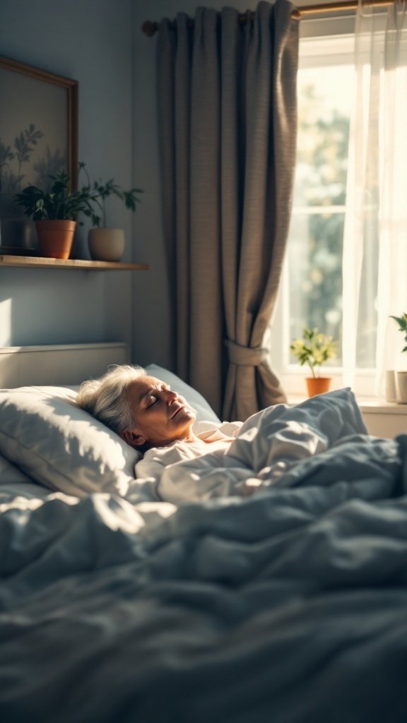 Senior peacefully sleeping in a cozy bedroom with sunlight filtering through the curtains