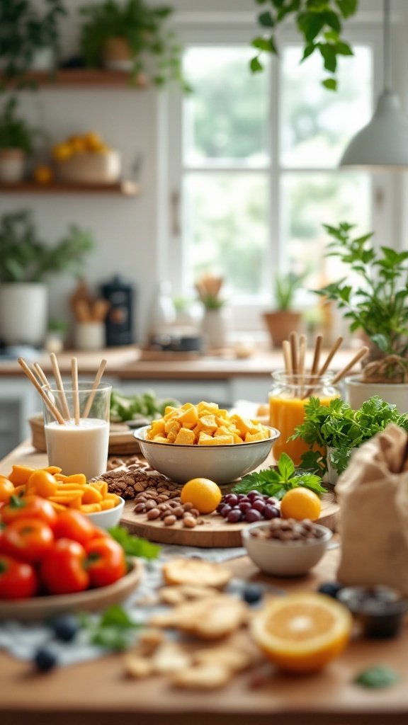 A colorful display of healthy snacks including fruits, nuts, and yogurt, set in a bright kitchen environment.