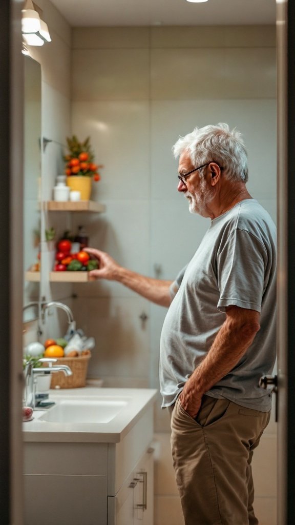 An older man selecting fresh fruits and vegetables in a bright kitchen.