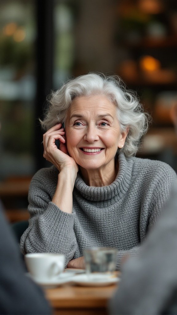 An older woman smiling while talking on the phone, emphasizing the importance of communication.