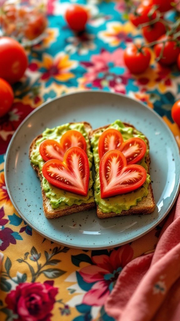 Heart-shaped tomato slices on avocado toast served on a plate