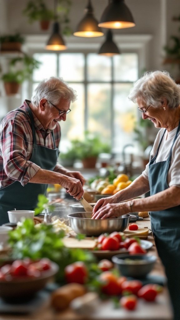 Seniors cooking together in a cozy kitchen, surrounded by fresh vegetables and herbs.