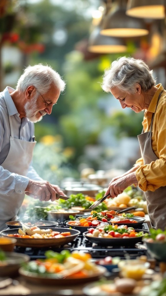 Two seniors happily cooking together in a kitchen, preparing fresh ingredients.