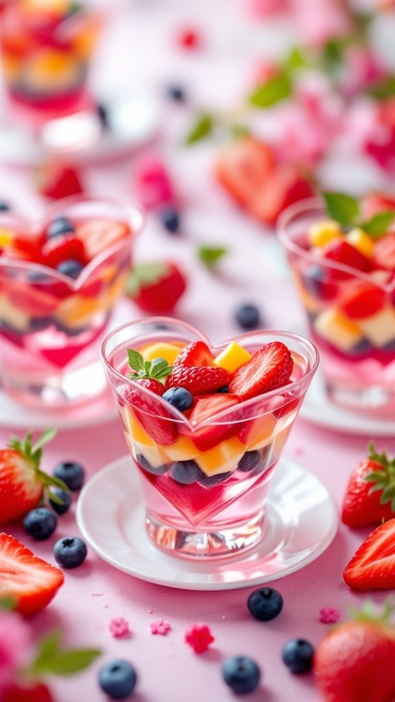 Colorful heart-shaped Jell-O cups with fruit, displayed on a pink table