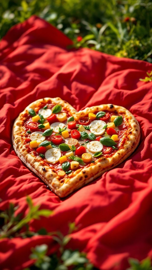 Heart-shaped pizza with colorful toppings on a red blanket