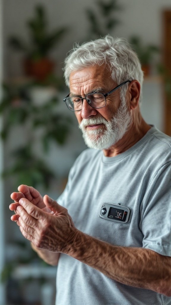 An elderly man with gray hair and glasses, looking thoughtful while clapping his hands, surrounded by indoor plants.
