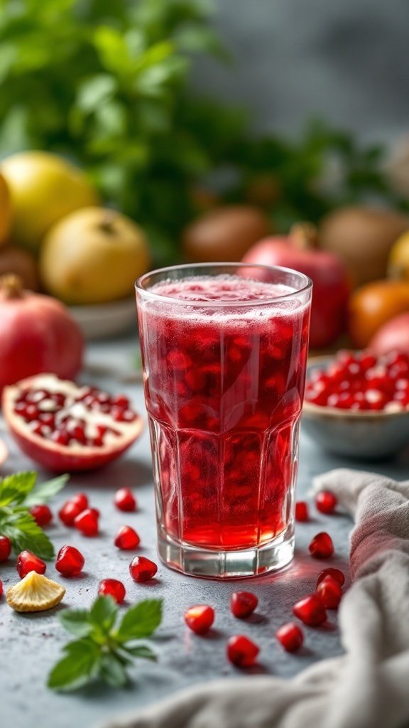 A glass of pomegranate juice with seeds, surrounded by fresh fruits and herbs.