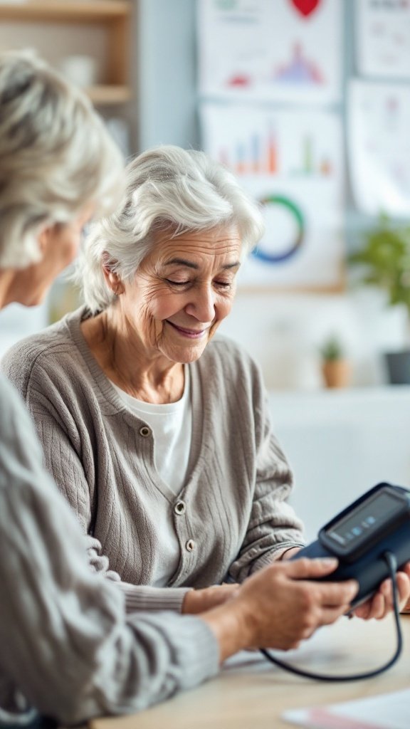 Two senior women interacting, with one checking her blood pressure.