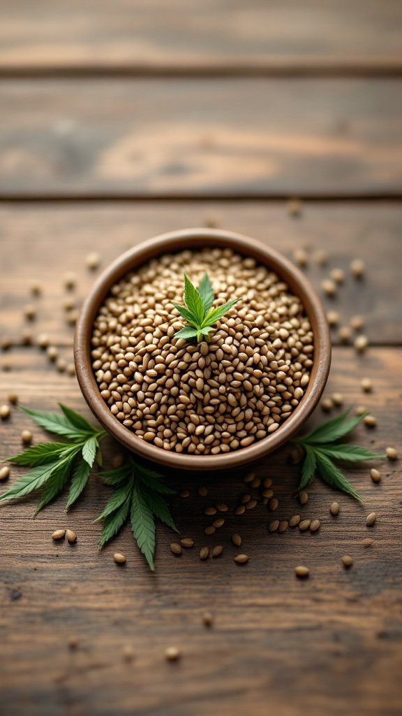 A bowl of hemp seeds with green leaves on a wooden surface
