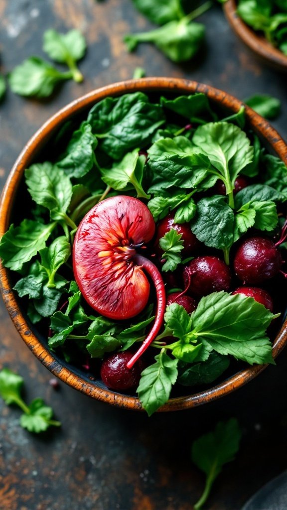 A bowl filled with leafy greens and a kidney-shaped fruit