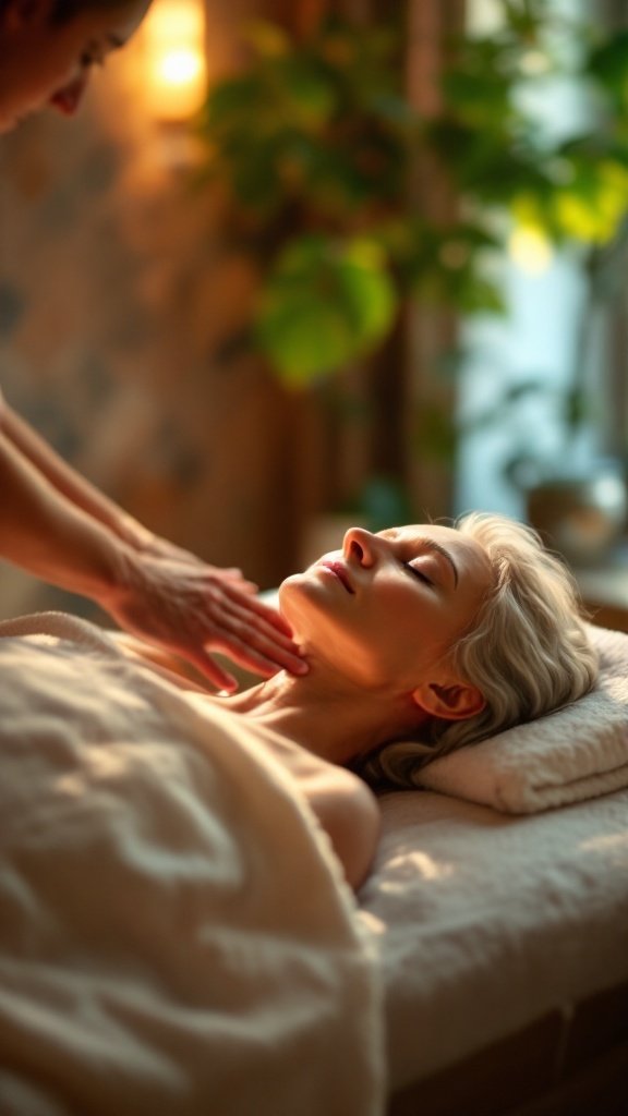 A soothing massage session taking place in a calming environment.