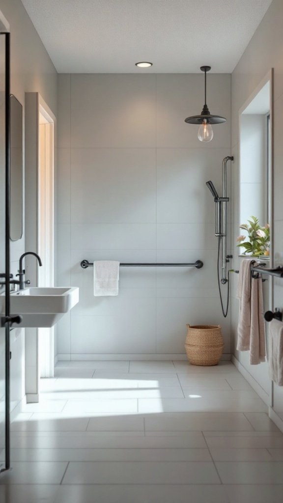 A modern bathroom with grab bar, bright lighting, and non-slip flooring.