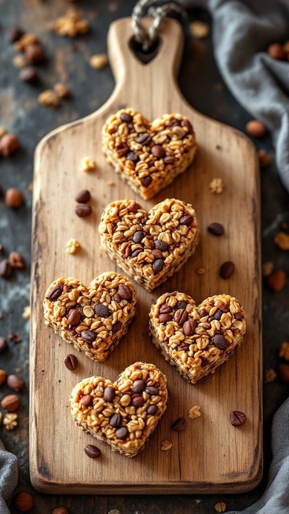 Heart-shaped homemade granola bars on a wooden cutting board