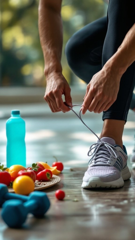 A person tying shoelaces with weights and fruits nearby, symbolizing health and fitness.