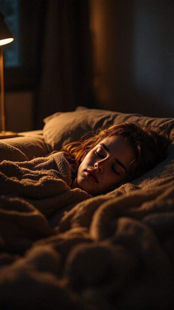 A person sleeping peacefully under soft blankets, indicating rest and emotional recovery.