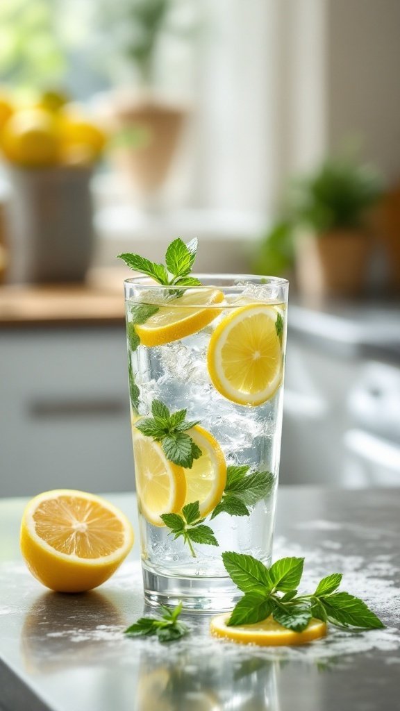 A refreshing glass of water with lemon slices and mint leaves, surrounded by fresh lemons in the background.