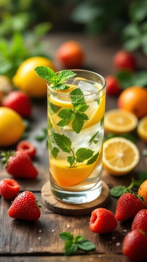 A refreshing drink with mint, lemon, and strawberries on a wooden surface.