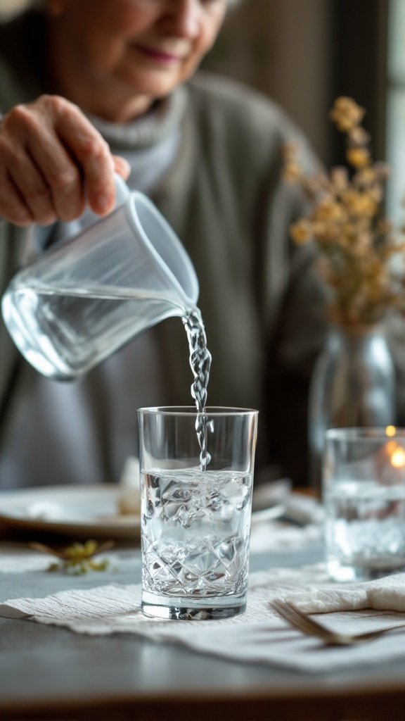 An elderly woman pouring water into a glass, emphasizing the importance of hydration.
