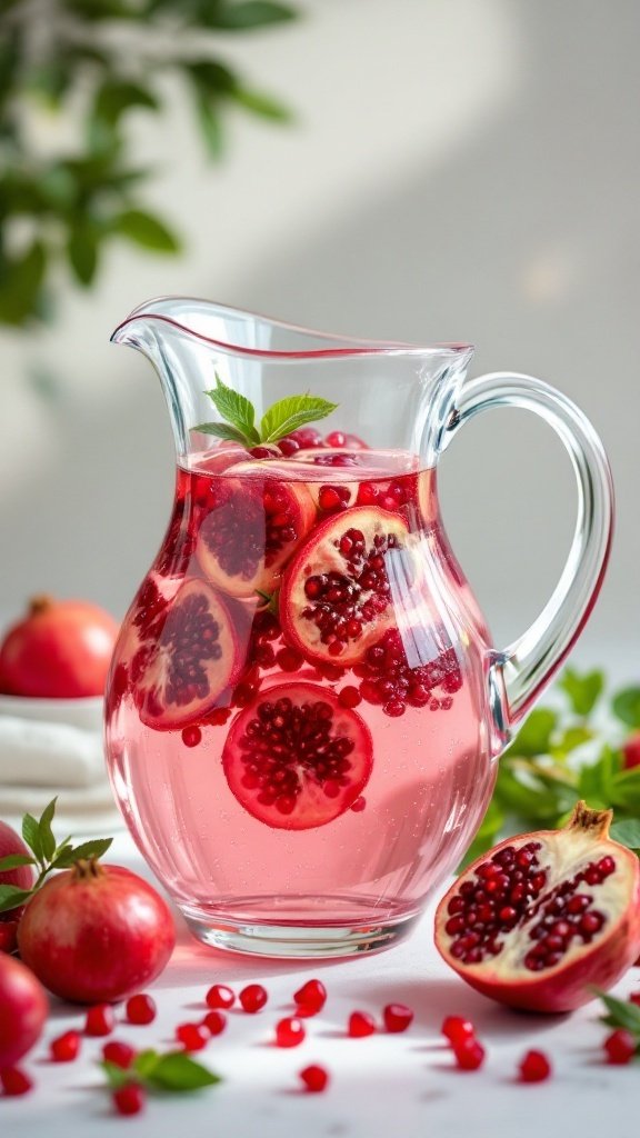 A pitcher of pomegranate-infused water with fresh pomegranate slices and mint leaves, surrounded by whole pomegranates.