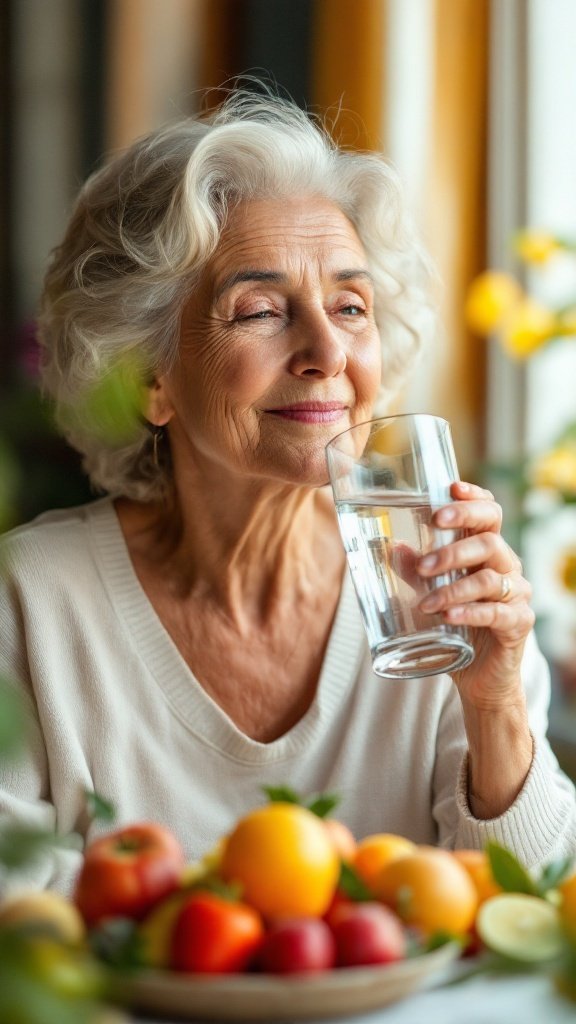 An older woman enjoying a glass of water with fresh fruits in the background