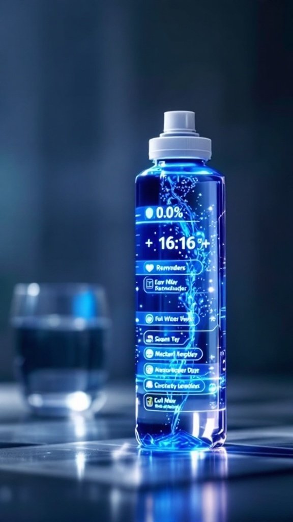 A smart water bottle with a digital display showing hydration reminders and water levels.