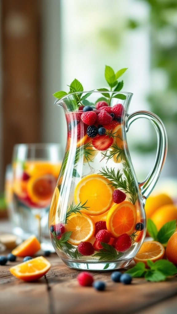 A refreshing fruit-infused water pitcher filled with oranges, raspberries, and blueberries.