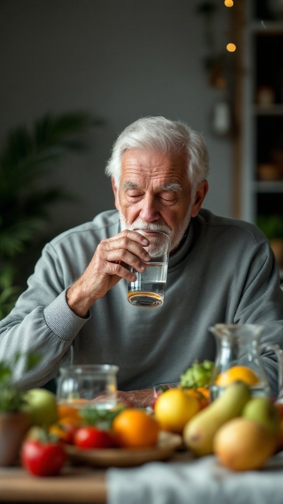 An older man sipping water with a variety of fruits and vegetables around him