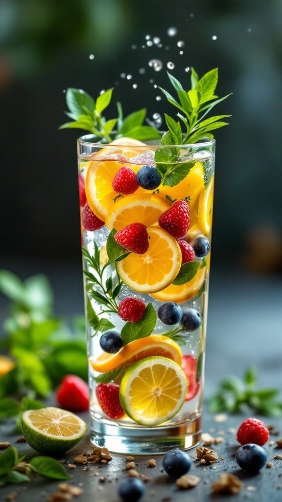A refreshing glass of infused water with slices of lemon, lime, and berries, surrounded by fresh mint leaves.