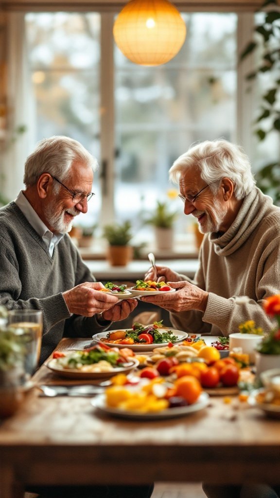 Two elderly people enjoying a healthy meal together at a dining table filled with fruits and vegetables.