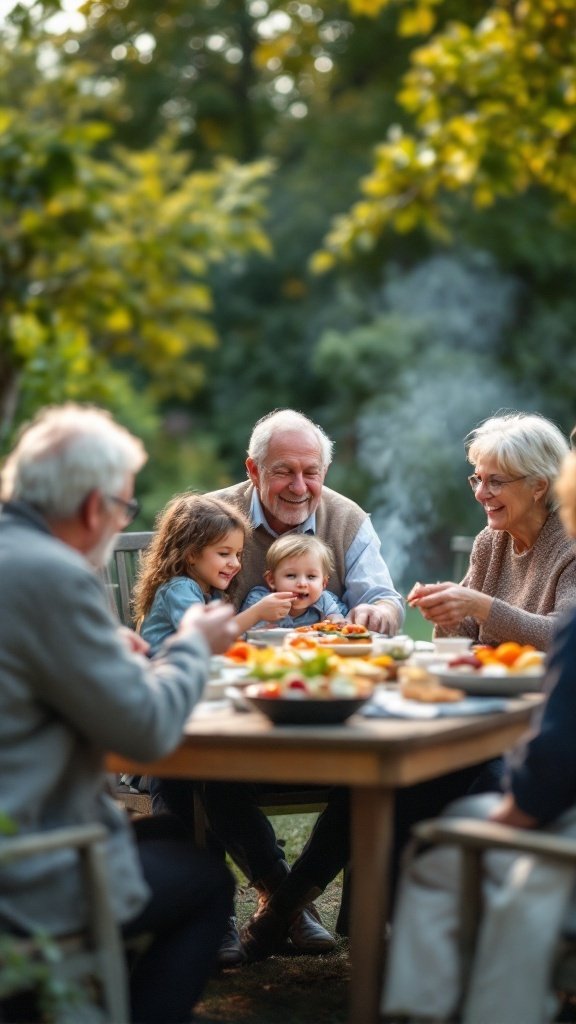 A multi-generational family enjoying a meal together outdoors