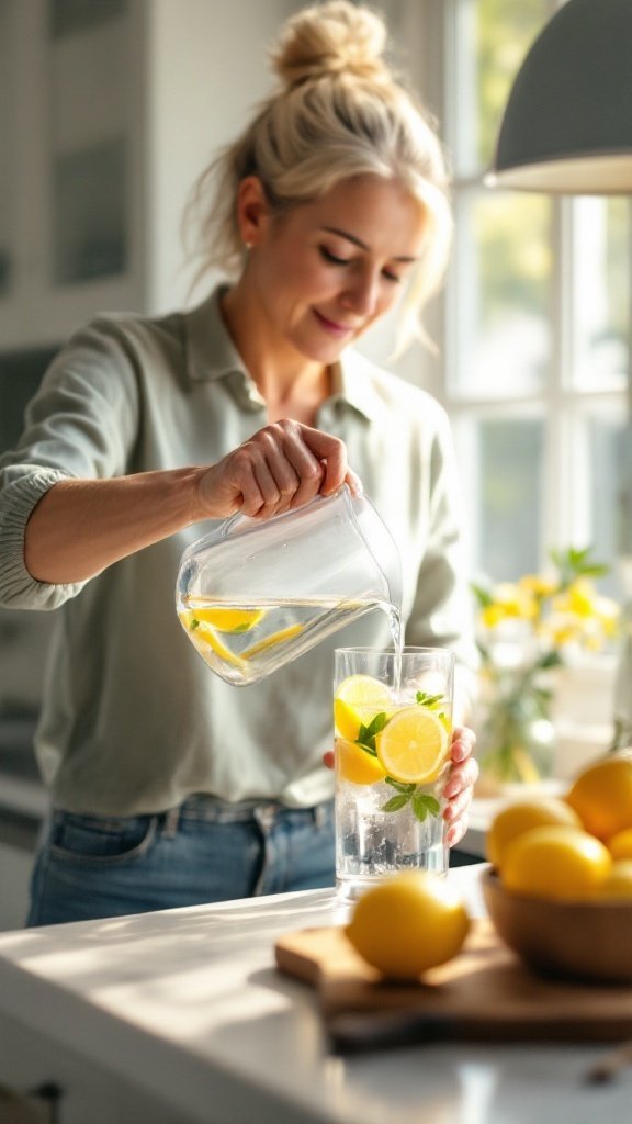 A woman pouring lemon-infused water into a glass, promoting hydration.