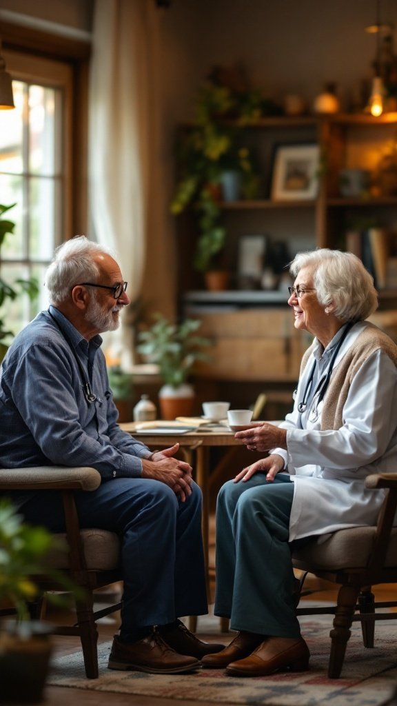 A senior man and a female doctor engaged in a friendly conversation during a check-up