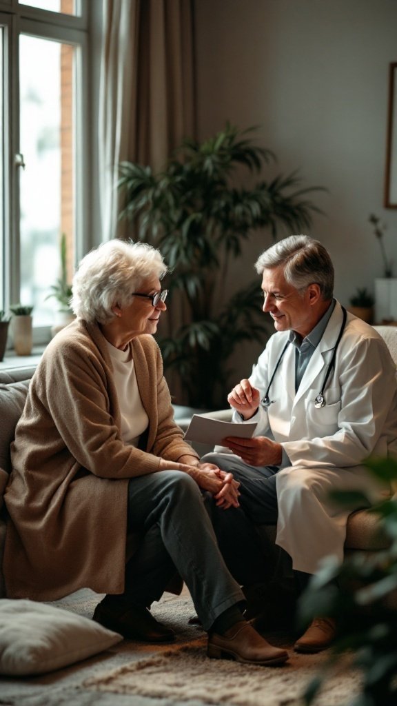 A senior woman conversing with a doctor in a cozy room