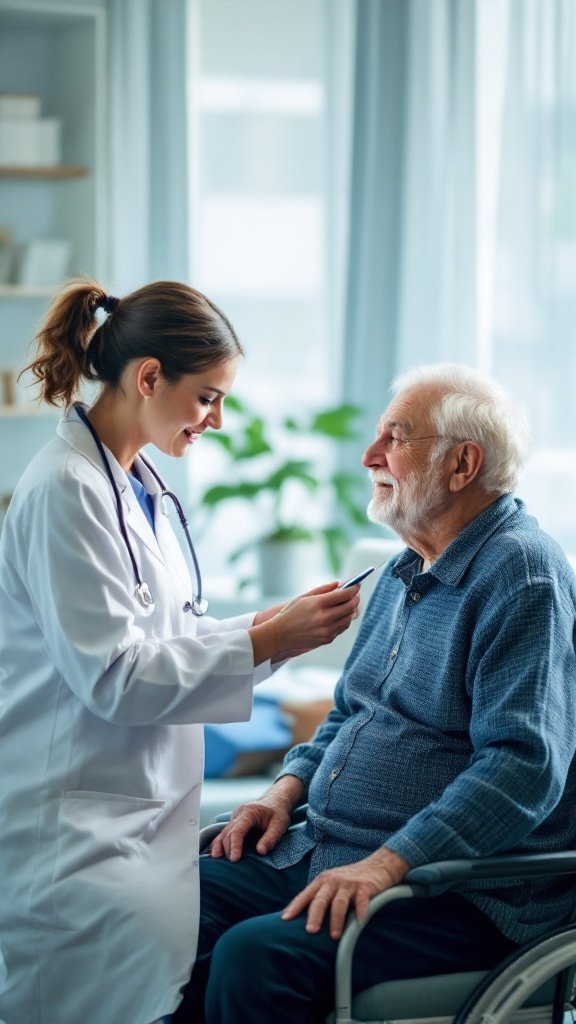 A doctor examining an elderly patient in a friendly clinical setting