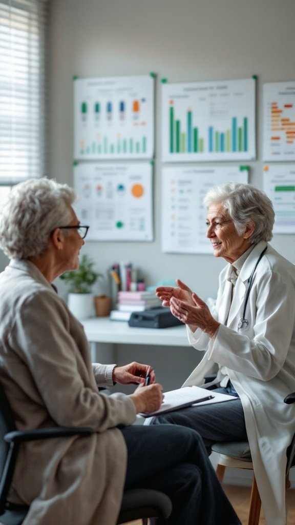 A senior woman talking with her doctor during a health check-up, emphasizing the importance of regular health screenings.