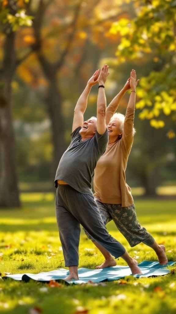 Seniors practicing yoga outdoors, smiling and enjoying their physical activity.