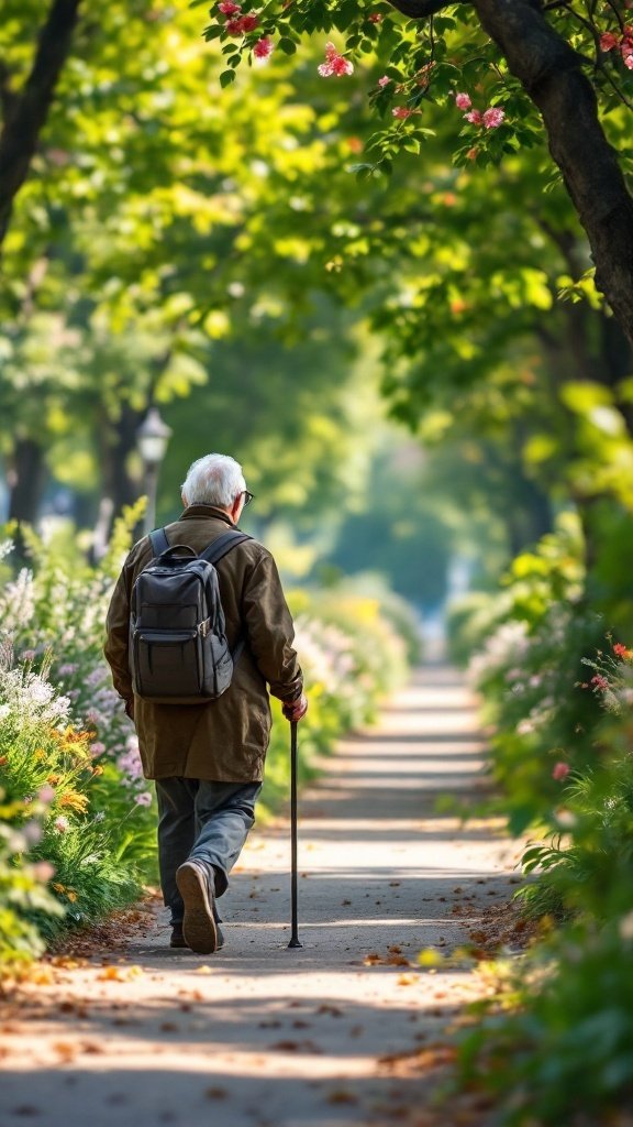 An elderly man walking with a cane on a flower-lined path