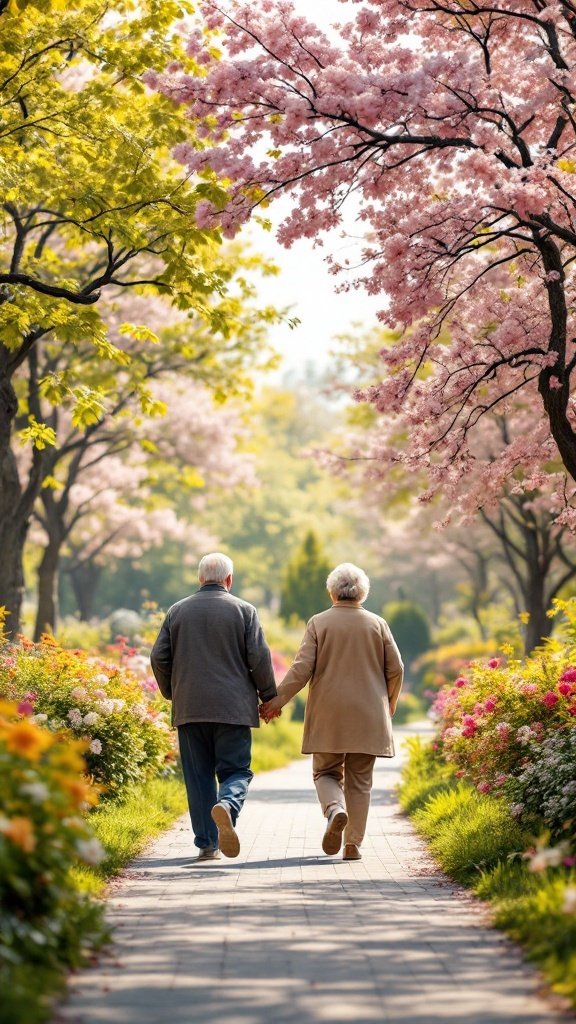 Elderly couple walking hand in hand through a flower-filled park