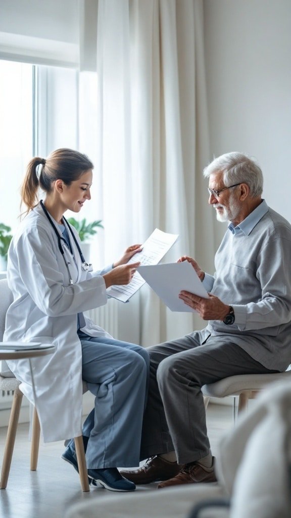 A doctor discussing health documents with an older man in a bright, comfortable office.