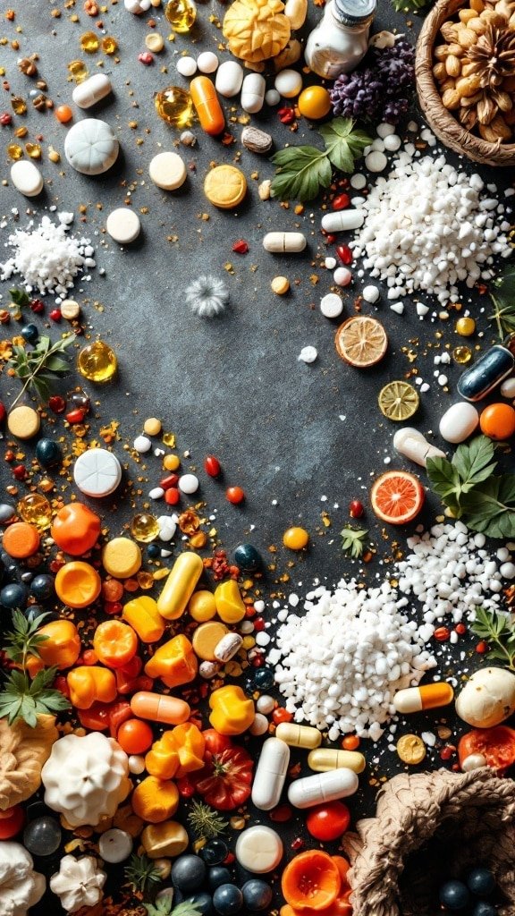 An assortment of colorful fruits, vegetables, and dietary supplements displayed on a table