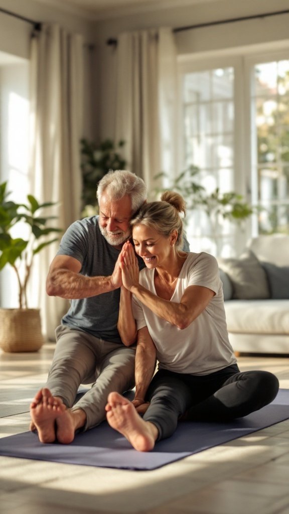 Two seniors practicing flexibility exercises together on yoga mats in a bright room.