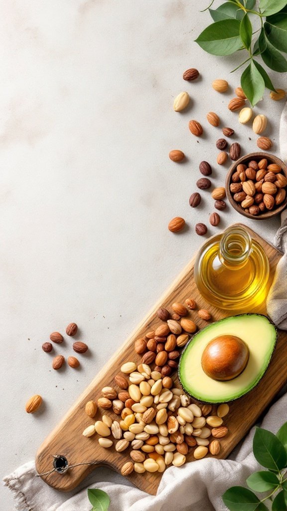 Healthy fats including avocado, an assortment of nuts, and olive oil on a wooden board.