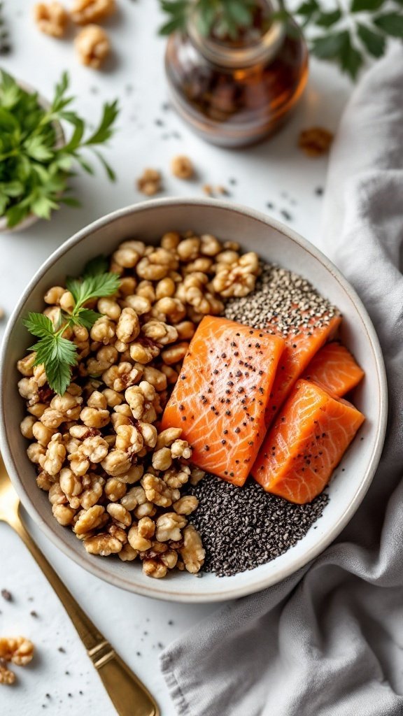 A bowl filled with salmon, walnuts, and chia seeds, highlighting heart-healthy ingredients.