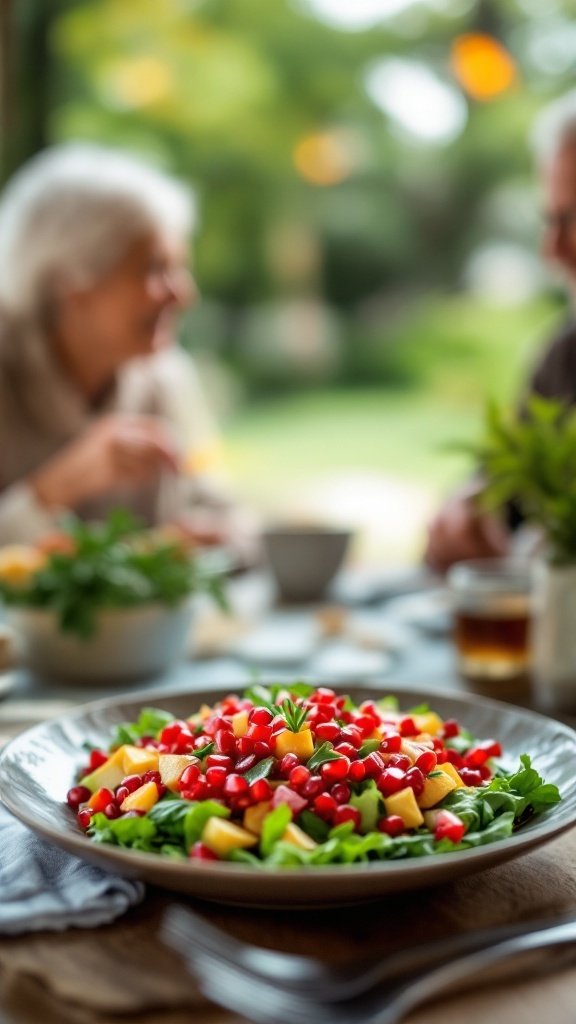 A colorful salad featuring pomegranate seeds, greens, and fruits, set on a table with seniors enjoying a meal.