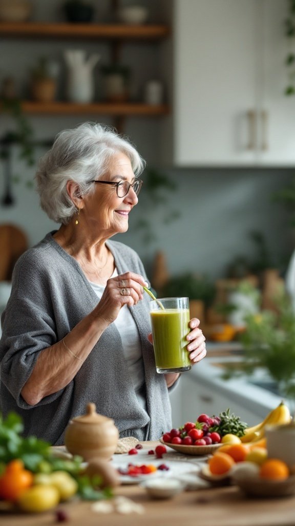 Senior woman enjoying a green smoothie in a kitchen filled with fresh fruits and vegetables.